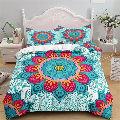 Bohemian Mandala Duvet Cover Set King Size Red Abstract Boho Lotus