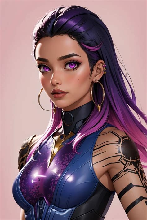 An Image Of A Woman With Purple Hair And Piercings On Her Chest Wearing Armor