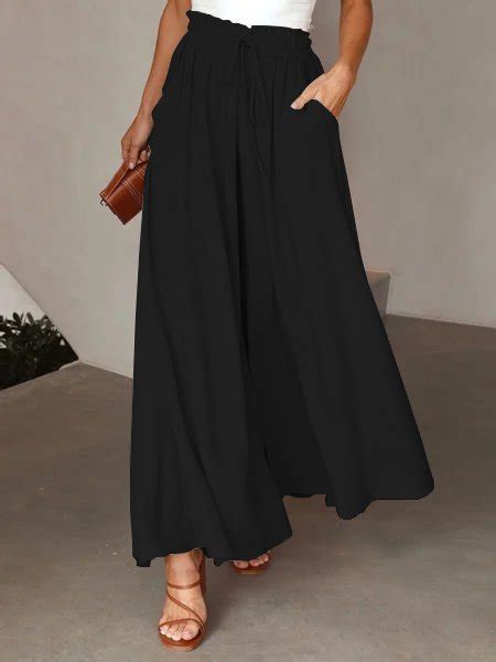 Women Wide Leg Pants Summer Boho Elastic Waist Drawstring Pockets Flowy