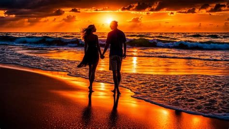 Premium Photo A Couple Walking On The Beach At Sunset