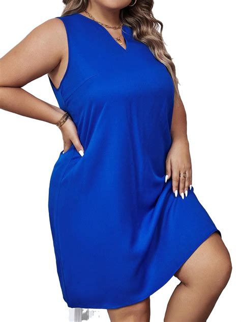 Casual Plain Tank Notched Neck Royal Blue Plus Size Dresses