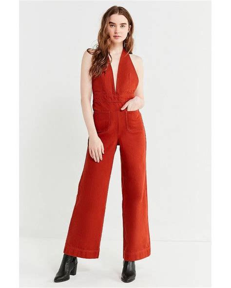 Urban Outfitters Uo Eleanor Plunging Denim Jumpsuit In Red Lyst Canada