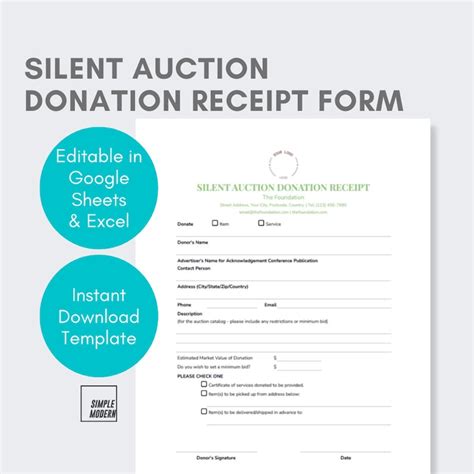 Silent Auction Donation Receipt Form Instant Digital Download Editable