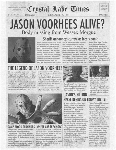 1980 Friday The 13th Crystal Lake Times Jason Voorhees Alive? Newspaper ...