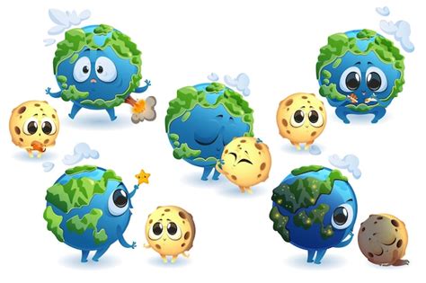 Free Vector | Cute planet earth and moon characters in different poses ...