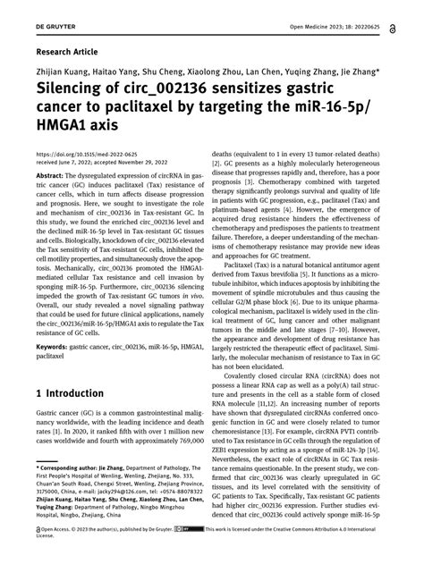 Pdf Silencing Of Circ002136 Sensitizes Gastric Cancer To Paclitaxel