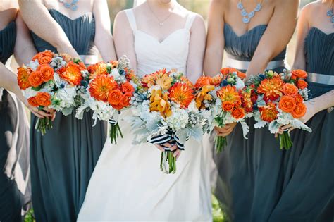 Bridal Bouquets In Burnt Orange And Dusty Blue