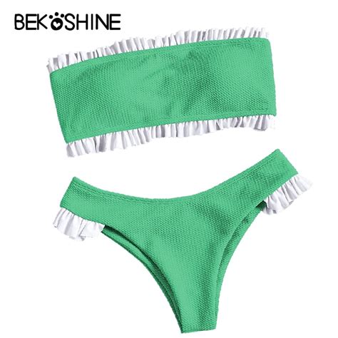 BEKOSHINE Solid Bathing Suit Women Bikini Set Green Swimwear Pad Push