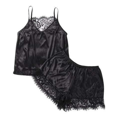 Vetements De Nuit Femmes Satin Lingerie Sexy Dentelle Pyjamas Noir Cdiscount Prêt à Porter