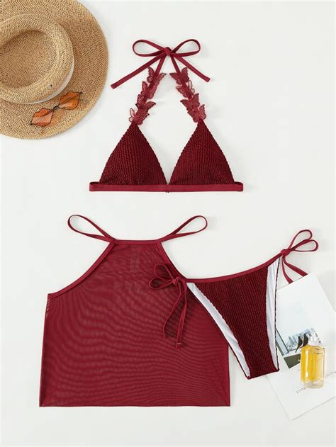 Appliques Halter Triangle Bikini Swimsuit With Beach Skirt Shein Usa