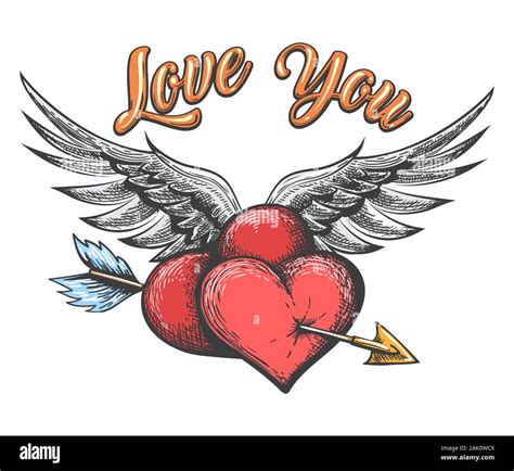 Winged Hearts Pierced By Arrow And Lettering Love You Drawn In Tattoo