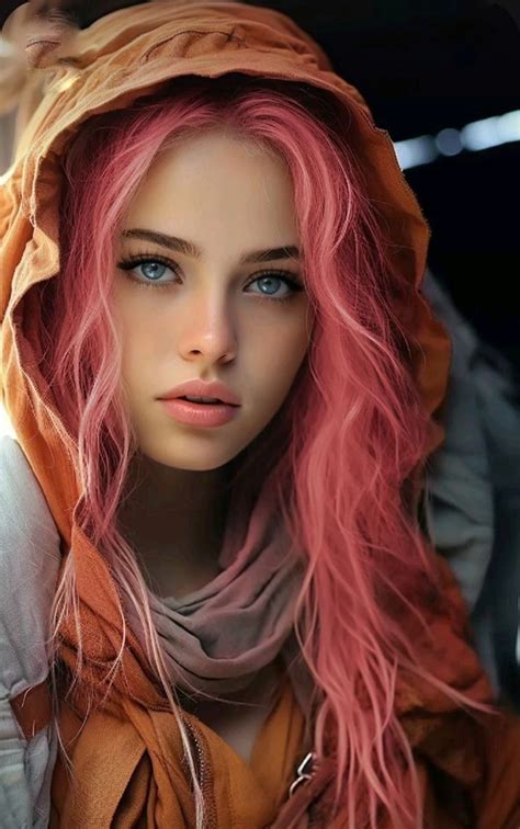 A Woman With Pink Hair And Blue Eyes Wearing A Hoodie Over Her Head Is Looking At The Camera