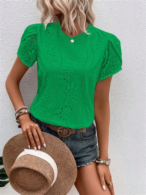 Shein Lune Eyelet Embroidery Petal Sleeve Keyhole Back Blouse For Sale