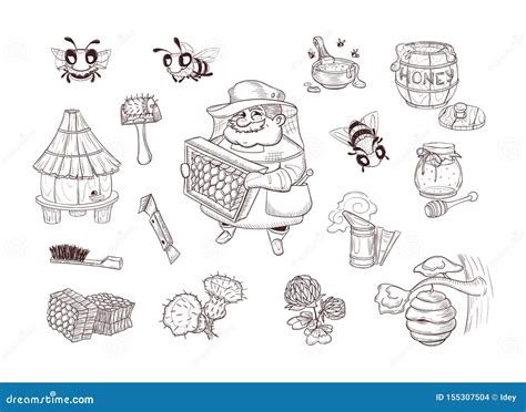 Honey Bee Sketch Set With Honeycomb With Hive Vector Illustration 155307504