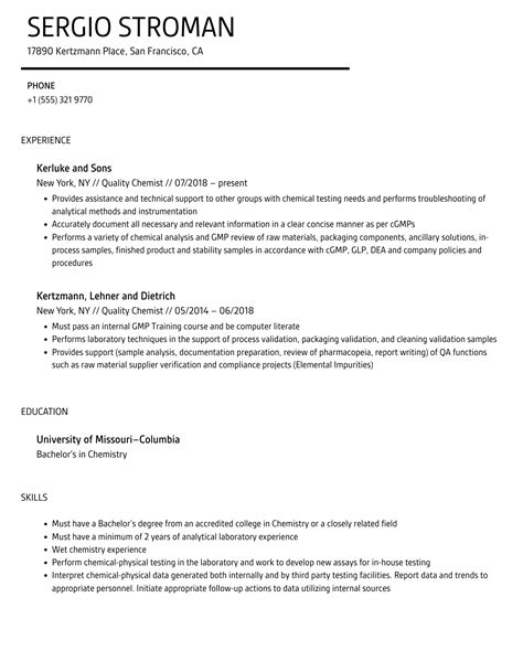 Quality Chemist Resume Samples Velvet Jobs