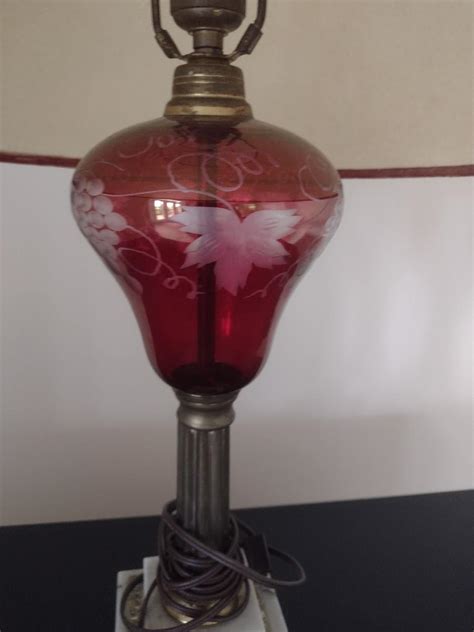 Vintage Cranberry Etched Glass With Marble Base Table Lamp