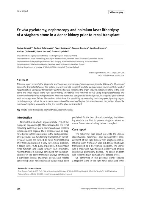 Pdf Ex Vivo Pyelotomy Nephrostomy And Holmium Laser Lithotripsy Of A