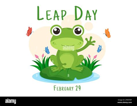 Happy Leap Day On 29 February With Cute Frog In Flat Style Cartoon Hand Drawn Background