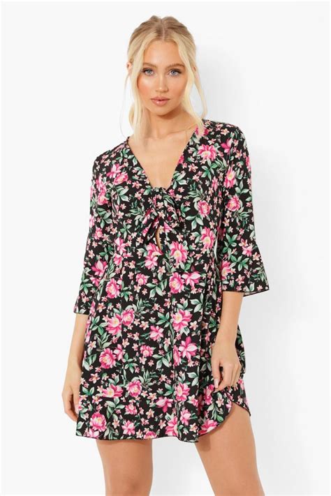 Womens Flora Print Tie Front Tea Dress Boohoo Uk