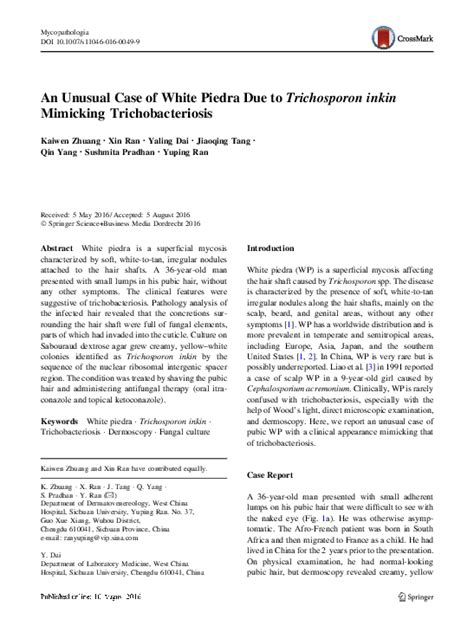 Pdf An Unusual Case Of White Piedra Due To Trichosporon Inkin Mimicking Trichobacteriosis