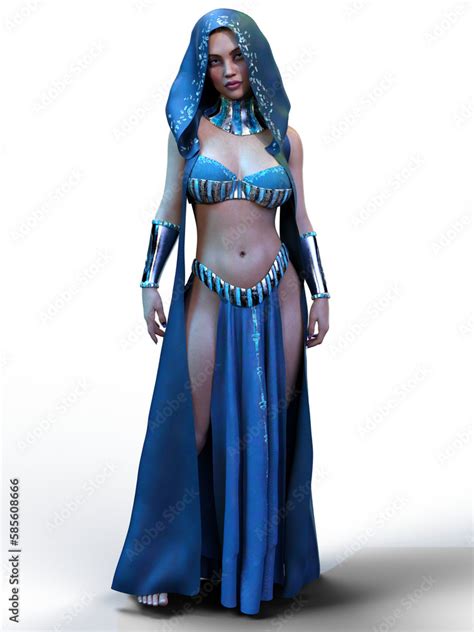 A D Digital Render Of A Fantasy Woman With Bikini Top And Hooded Outfit With Arm Bracers This