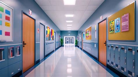 Empty School Hallway with Lockers and Doors Stock Video - Video of ...