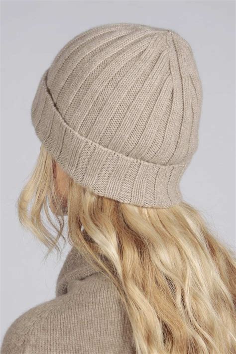 Camel Brown Beige Pure Cashmere Wide Ribbed Fisherman Beanie Hat