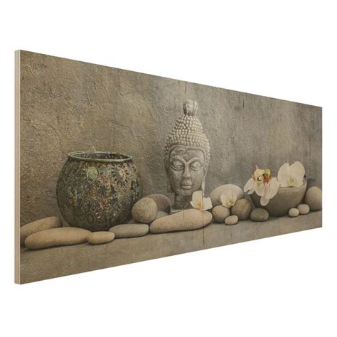 Zen Buddha Mit Wei En Orchideen Holzbild Im Querformat Kaufen