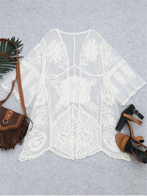 Embroidered Sheer Lace Beach Kimono Cover Up White Kimonos One Size