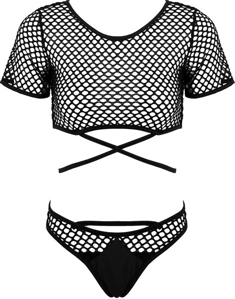 Acsuss Women S Fishnet Sheer Lingerie Set Short Sleeves Crop Tops With