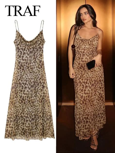 Traf Women Summer Vintage Leopard Print Dress Sleeveless Backless