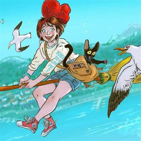 A Girl Flying Through The Air While Riding On Top Of A Broom With A Cat