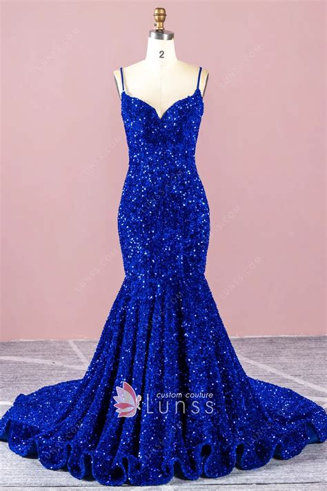 Shiny Royal Blue 5mm Sequin Mermaid Long Formal Dress - Lunss