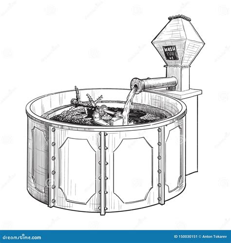 Whiskey From Grain To Bottle A Mash Tun Black And White Ink Style