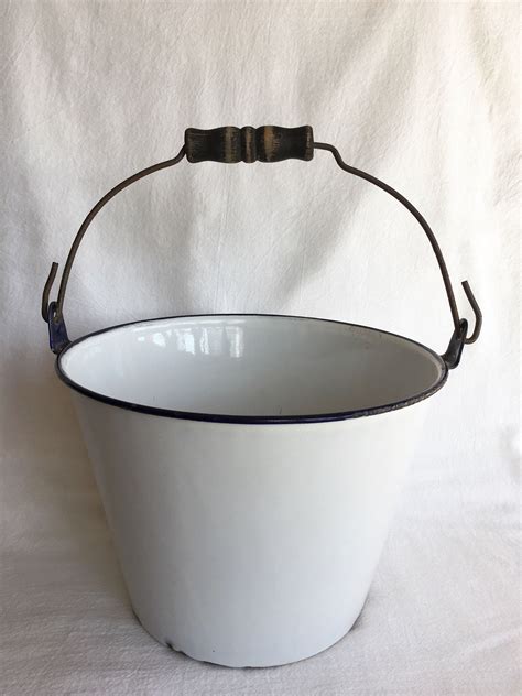 White Enamelware Bucket Or Pail Vintage Garden Bucket By Emmasheritage