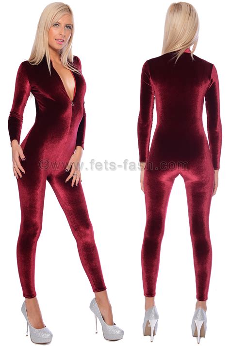 Fets Fash Catsuit Velvet Burgund With Front Zip Fastener