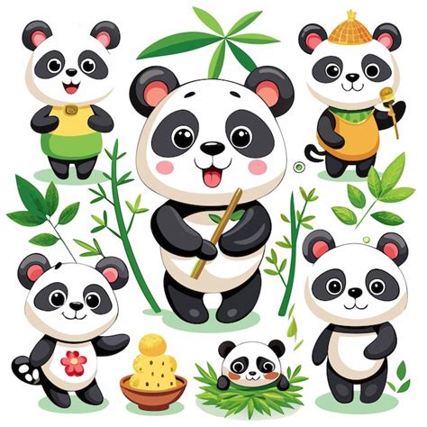 Six Adorable Cartoon Pandas In Different Poses With Bamboo Premium Ai