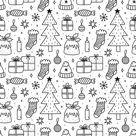 Cute xmas seamless pattern with gifts, baubles, Christmas pudding, fir