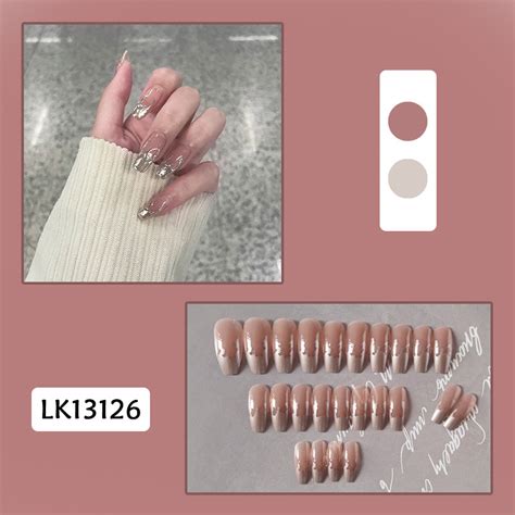 Pcs Nude Press On Nails Long Coffin Fake Nails With Silver Metal Nail Tips Design Glossy Full