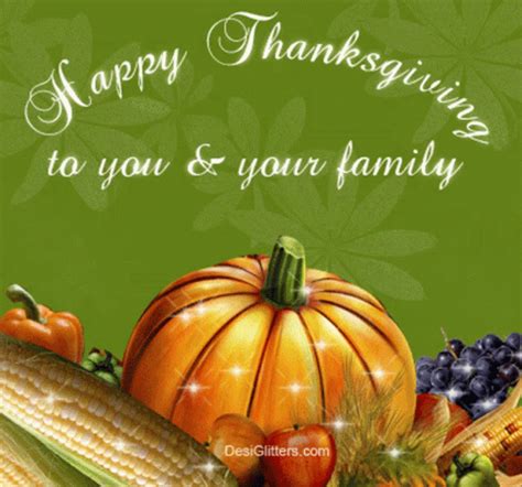 happy thanksgiving to you and your family with pumpkins, cornucts, squash