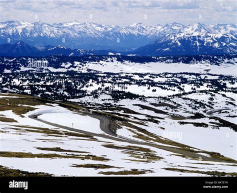 Car On Curve Of U S Route 212 Beartooth Highway Over The Beartooth