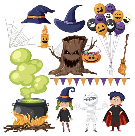 Set Of Halloween Cartoon Characters And Elements Stock Vector