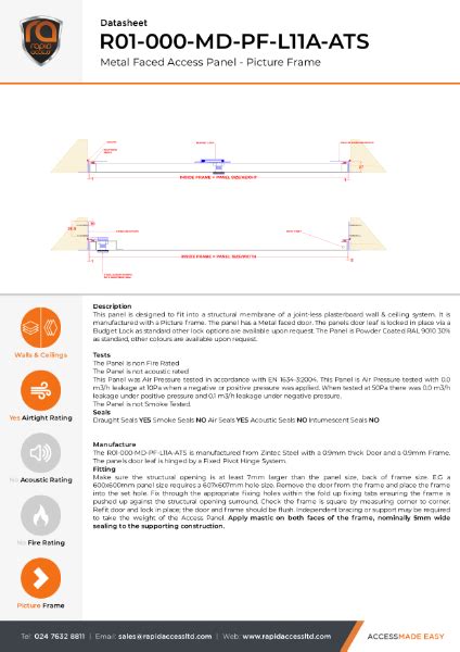 Datasheet Slim Fit Access Panel Non Fire Rated Airtight Rapid