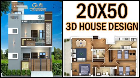 20 0 X50 0 3D House Design With 2d Layout Plan 20x50 4 Bedroom 3D