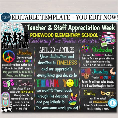 Decades Theme Teacher Appreciation Week Itinerary Poster Printable ...