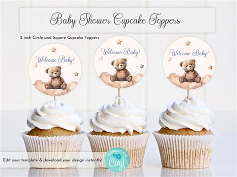 Editable Teddy Bear Baby Shower Cupcake Topper Templates Cupcake