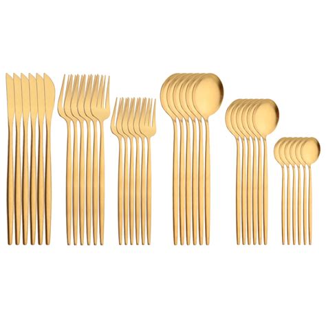 Matte Gold Dinnerware Talheres Set Talheres Faca Sobremesa Garfo Colher