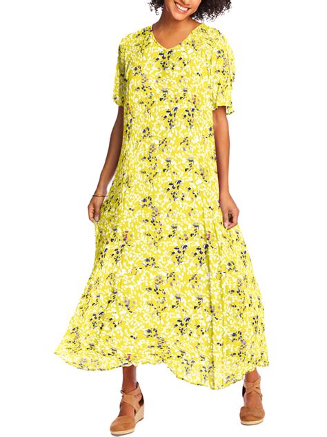 Woman Within YELLOW Floral Print Short Sleeve Crinkle Dress Plus