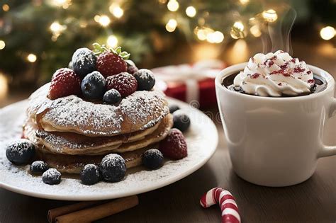 AI Generated Illustration Of Pancakes With Whipped Cream And A Steaming Cup Of Hot Chocolate