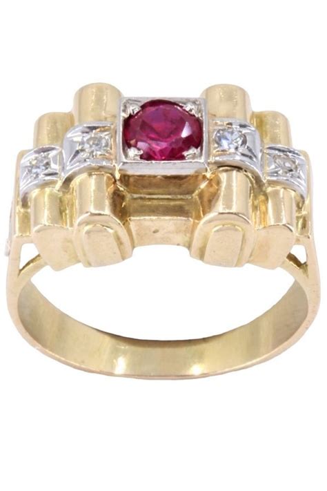 Bague Ancienne Rubis Diamants Annees 50 Or 18k Occasion